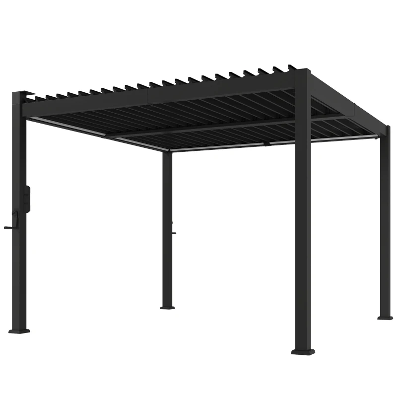 Outsunny Pergola bioclimatique 3x3m avec lumières LED solaires, pergola à lames orientables, gouttières, noir