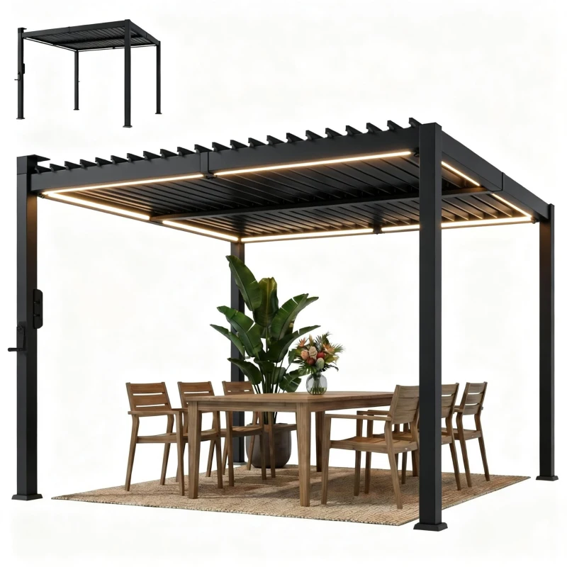 Outsunny Pergola bioclimatique 3x3m avec lumières LED solaires, pergola à lames orientables, gouttières, noir