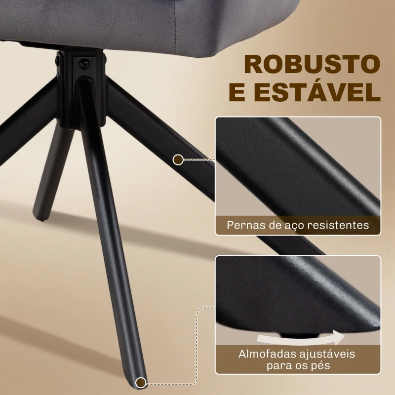 HOMCOM Conjunto de 2 Cadeiras de Refeição Giratórias 360° Estofado Estofamento em Veludo Pés em Aço 63x64x85 cm Cinza