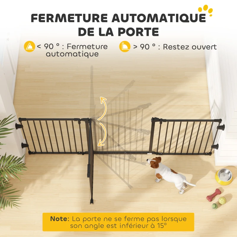 PawHut Barriere de securite chien pliable avec porte en acier 3 panneaux modulable fermeture automatique 202,5 x 2 x 76 cm noir