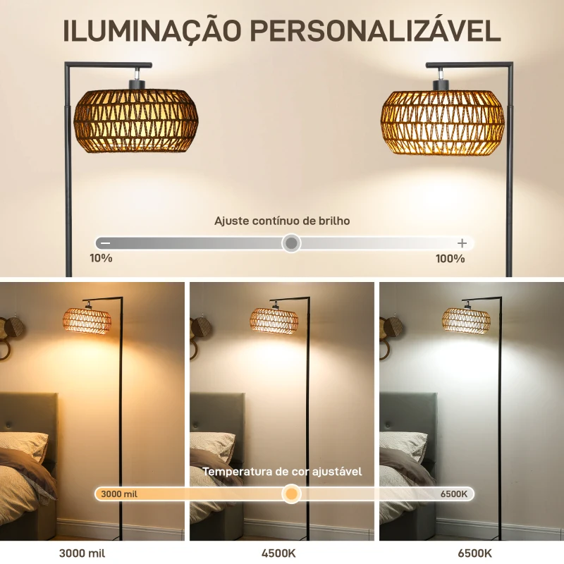 HOMCOM Candeeiro de Pé com Dupla Camada de Tela Bohémio 3 Temperaturas de Cor Brilho Ajustável Controlo Remoto 52x33x170 cm Branco e Preto