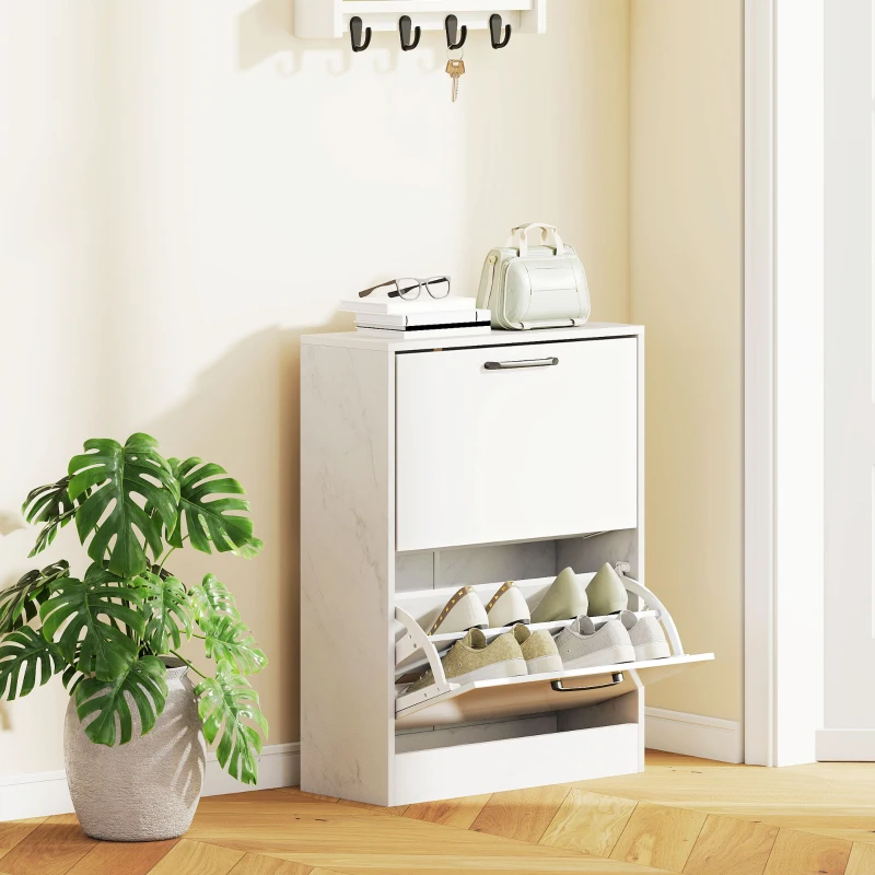 HOMCOM Sapateira Estreita 2 Portas de Alto Brilho com Prateleiras Ajustáveis Design Mármore para 8 Pares de Sapatos 60x24x80 cm Branco