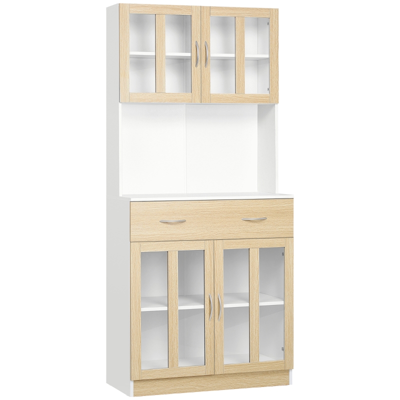 HOMCOM Aparador de Cozinha com 4 Portas de Vidro Bancada Aberta para Micro-Ondas  80x40x180 cm Branco e Madeira