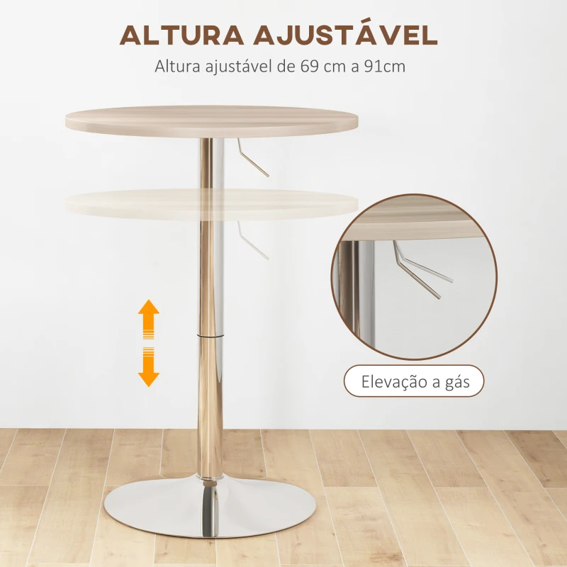 HOMCOM Mesa Alta de Cozinha Mesa Alta de Bar Redonda para 2 Pessoas Altura Ajustável Tampo Giratório 360° 60x60x91 cm Carvalho Claro