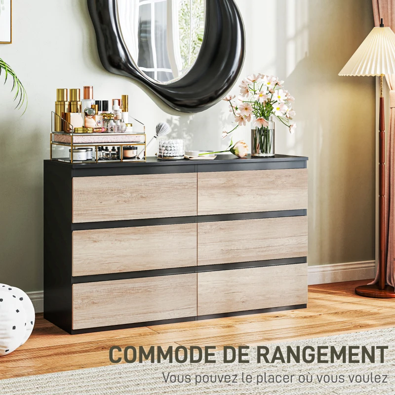 HOMCOM Commode 6 tiroirs meuble de rangement sans poignées design minimaliste 120 x 39 x 75 cm noir et bois naturel