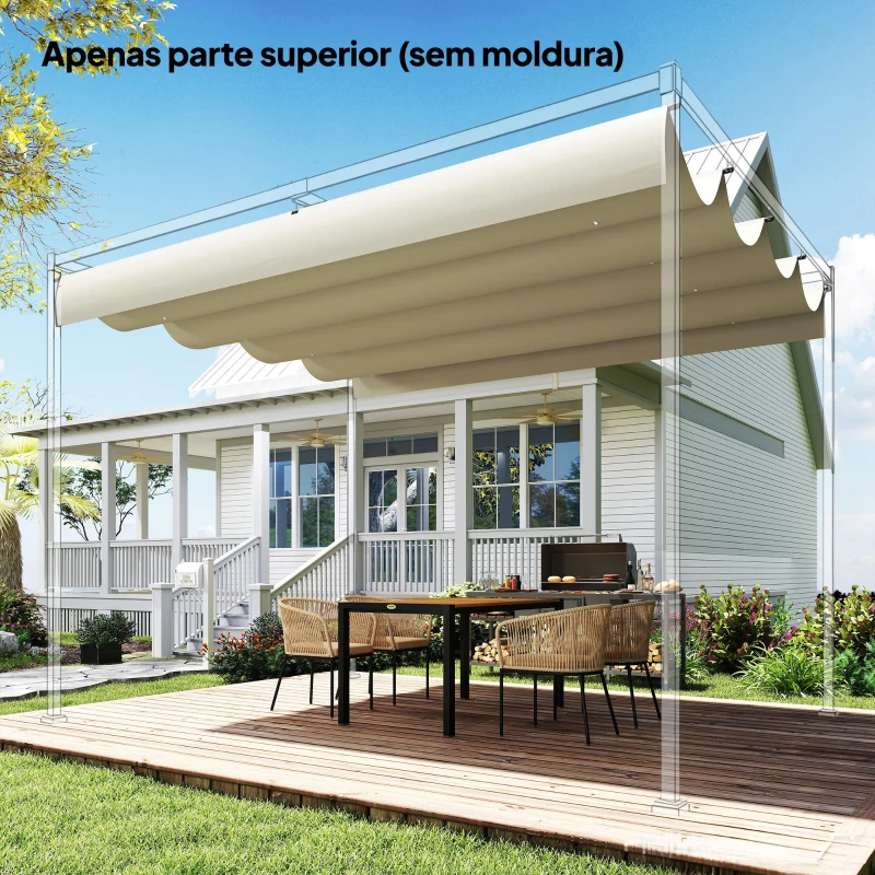 Outsunny Teto de Substituição Retrátil 3,92x3,5 m para Estrutura de 4x3 m Toldo de Tecido Apenas para Jardim com 8 Orifícios Creme