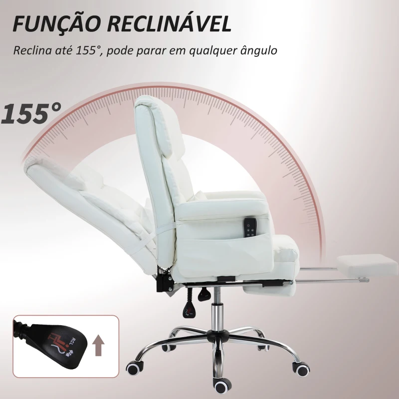 HOMCOM Cadeira de Escritório com Massagem em 6 Pontos Apoio para os Pés Retrátil Controlo Remoto e Suporte Lombar 69x65x115 cm Branco