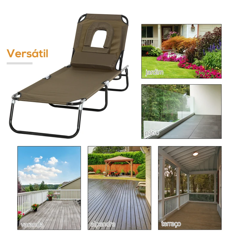 Outsunny Espreguiçadeira Dobrável com Encosto Ajustável 4 Posições com Orifício para Leitura Almofada Tecido Oxford 190x56x28 cm Castanho