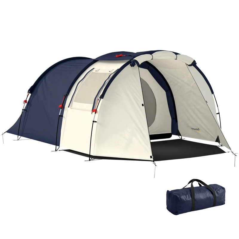 Outsunny Tenda da Campeggio Tunnel per 4 Persone Impermeabile, con Zona Notte e Giorno, Finestre e Telo da Terra, Blu Marino e Crema