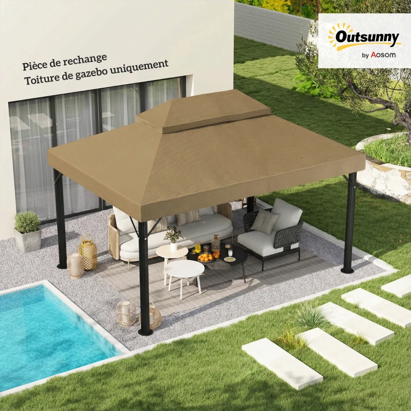 Outsunny Toile de rechange pour pavillon toile de tonnelle 4 x 3 m, double toit avec trous de drainage, polyester 370 g/m², beige
