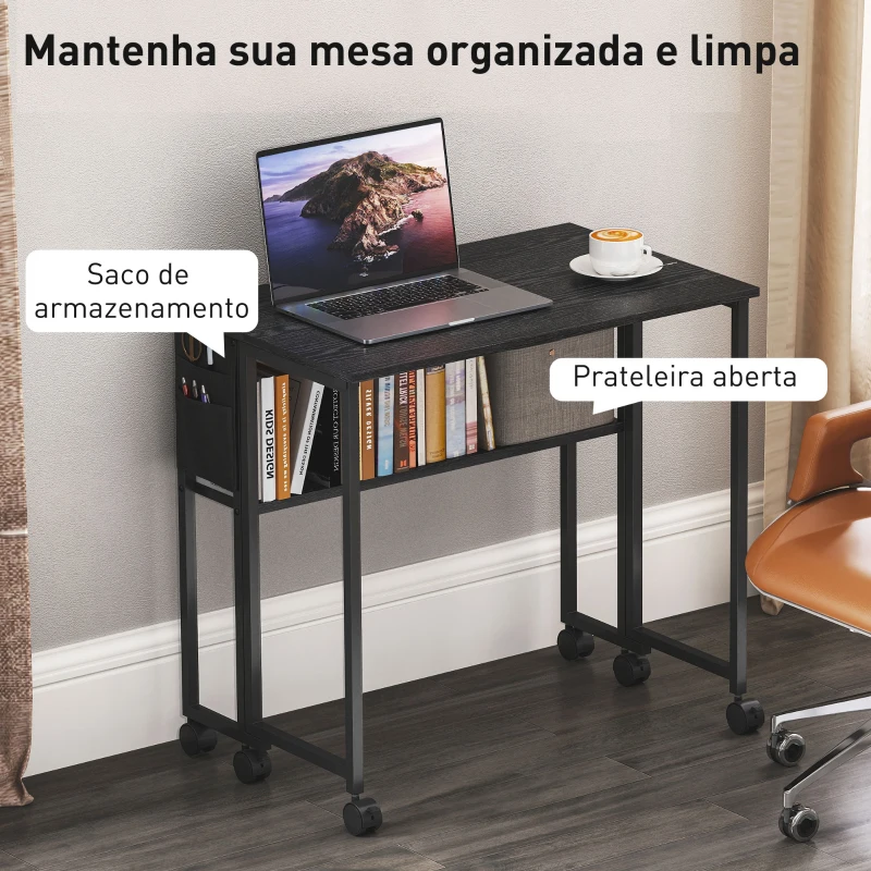 HOMCOM Secretária Dobrável com Rodas Prateleira e Bolso de Armazenamento Ideal para Espaços Pequenos 80x50x75 cm Preto