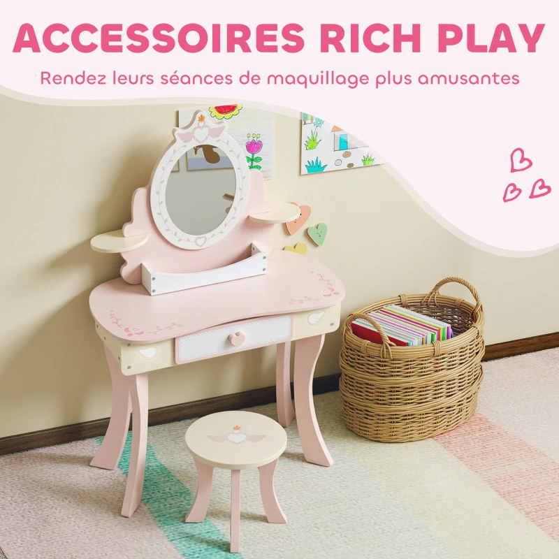 AIYAPLAY Coiffeuse enfant fille table de maquillage 2 en 1 avec 7 accessoires de jeu miroir en acrylique 59,8x29,6x89,8cm rose