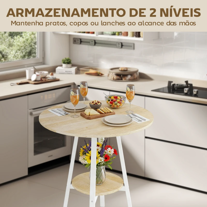 HOMCOM Mesa Alta de Cozinha Redonda com Prateleira de Armazenamento  para 2 Pessoas com Estrutura de Metal 55x55x95 cm Madeira e Branco