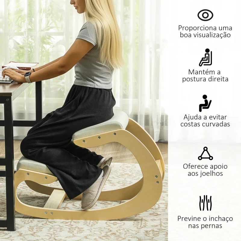 HOMCOM Cadeira Ergonómica de Joelhos com Almofadas Acolchoadas Estrutura de Madeira para Melhor Postura Escritório 55x85x55 cm Creme