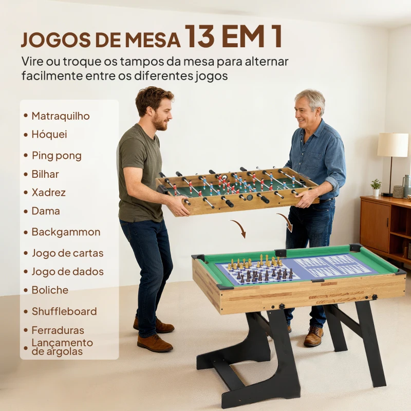 SPORTNOW Mesa Multijogos Dobrável 13 em 1 com Matraquilhos Ping Pong Xadrez Damas B e Acessórios 120x106x82 cm Madeira