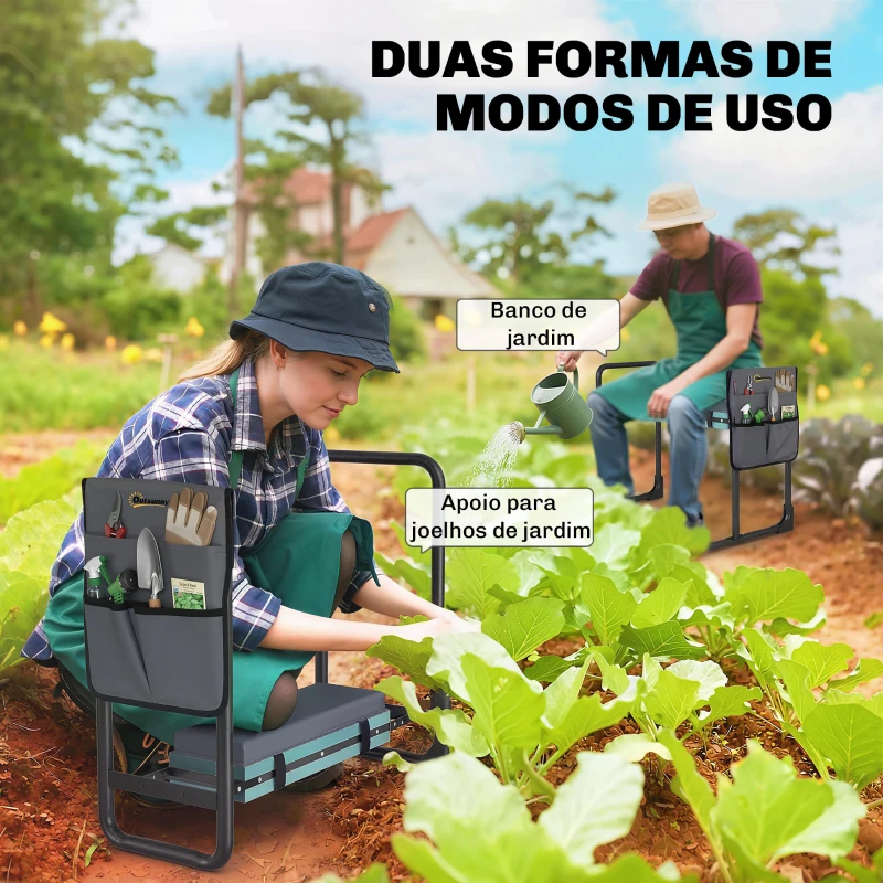 Outsunny Banco de Jardim Dobrável com Almofada de Espuma EVA Assento de Jardim com Bolsa para Ferramentas Cinzento Escuro