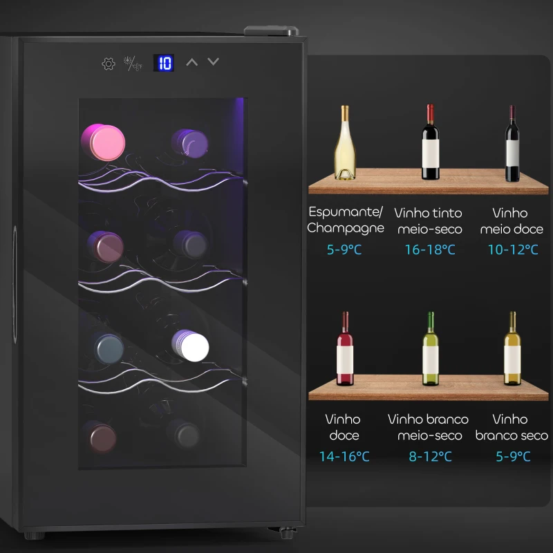 HOMCOM Cave para Vinhos com Refrigeração Termoelétrica Dupla Temperatura Ajustável 8-18℃ Porta de Vidro Anti-UV Ecrã LED Tátil Luz Interior 26,5x51,5x47,5 cm Preto