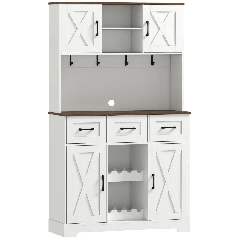 HOMCOM Amário de Cozinha Alto com Suporte para 8 Garrafas 4 Portas 3 Gavetas Prateleiras Abertas100x38x172 cm Branco