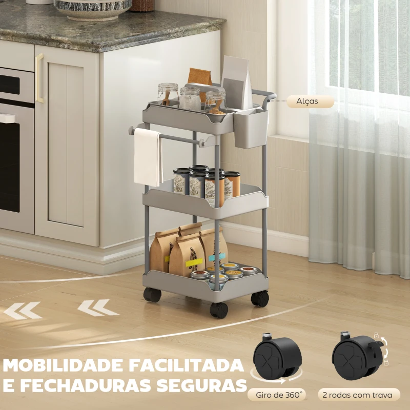 HOMCOM Carrinho Auxiliar com Rodas de 3 Níveis com Cestos Extraíveis Suporte para Toalhas e Estrutura de Metal 42x42,5x76 cm Cinza