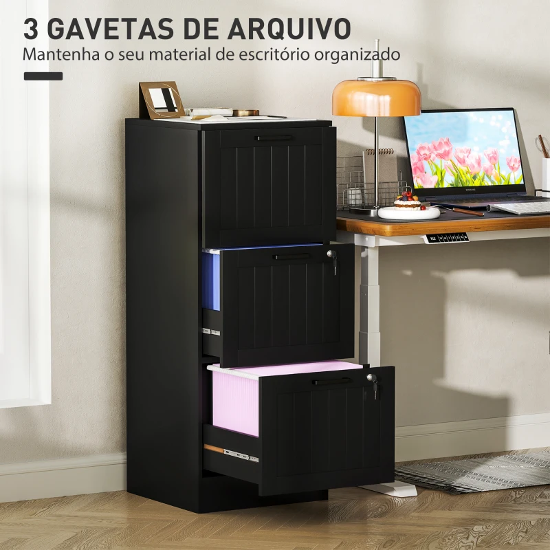 HOMCOM Arquivador para Escritório com 3 Gavetas para Escritório com Fechaduras Gavetas Suspensas para A4 40x40x101 cm Preto