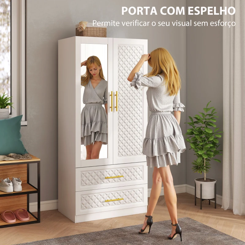 HOMCOM Roupeiro com Espelho 2 Portas e 2 Gavetas Relevo de Diamante Barra para Pendurar Estilo Moderno 80x50x180 cm Branco
