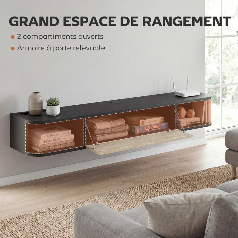 HOMCOM Meuble TV Suspendu 120 cm, Meuble télé jusqu'à 50 Pouces, Porte Rabattable, 2 Étagères Ouvertes et Passe-câbles, Noir