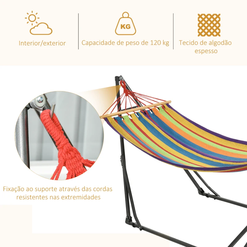Outsunny Cama Rede com Suporte Dobrável 2 em 1 Estendal com Barra Estrutura de Aço para Jardim 270x100x94 cm Multicolor