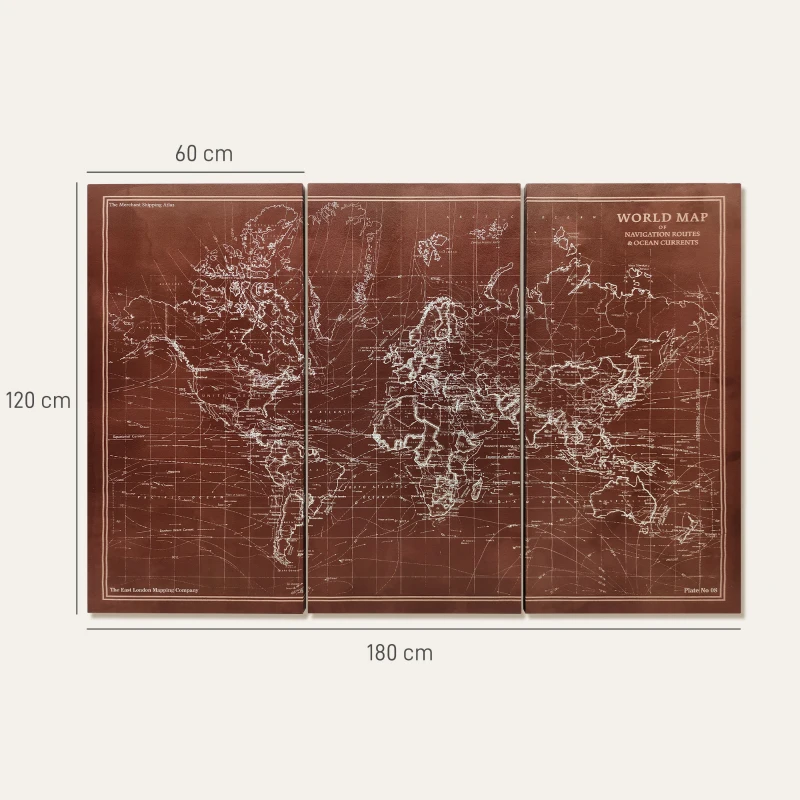 HOMCOM Quadros Decorativos Mapa Múndi Vintage Pintados à Mão 120x60 cm Quadros de Arte de Parede com Moldura de Madeira Castanho