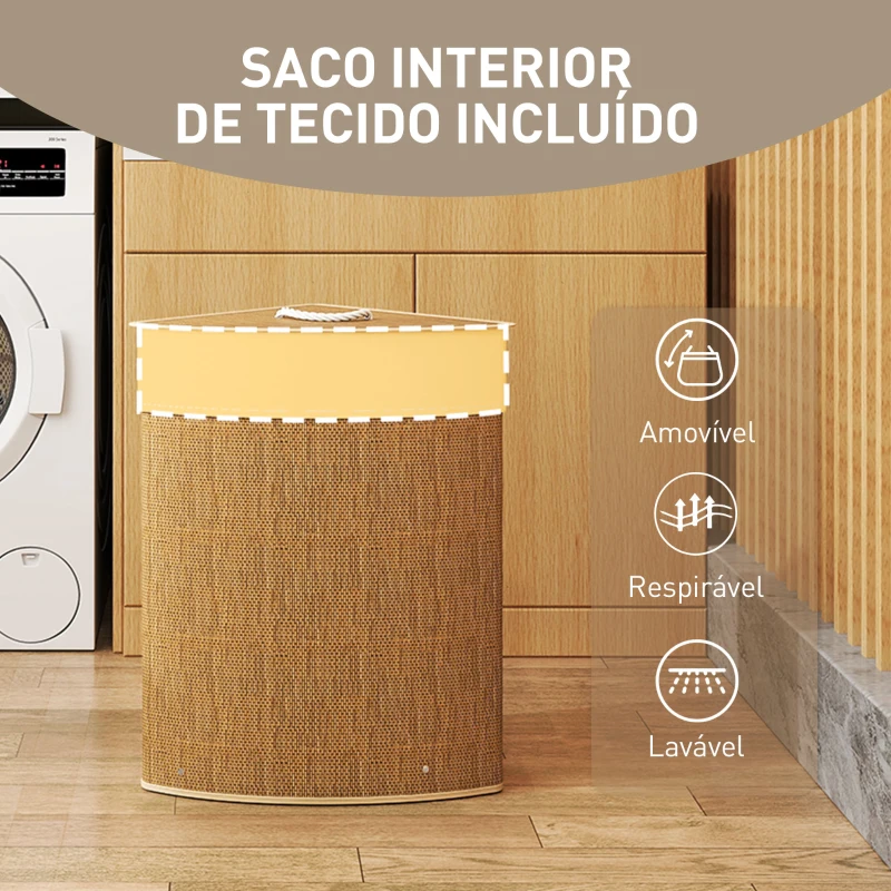 HOMCOM Cesto para Roupa Suja de Bambu de 55L com Tampa e Asa Saco Extraível e Lavável para Casa de Banho Quarto, 35x35x60 cm Castanho