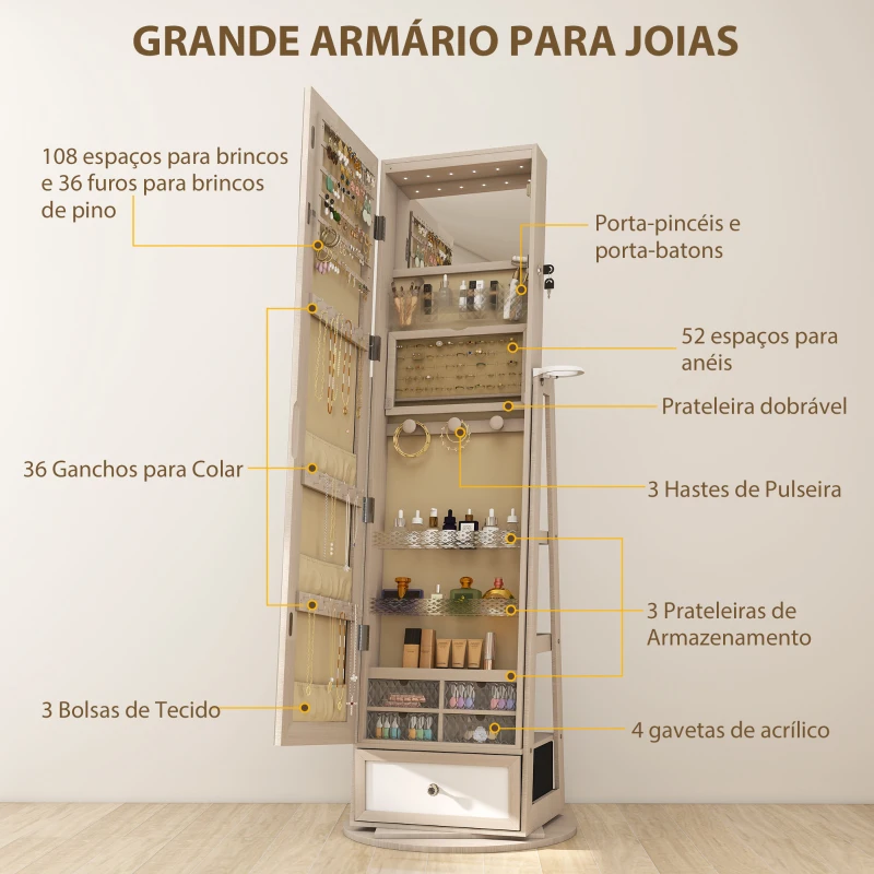 HOMCOM Espelho de Pé Giratório 360° com Espelho com Interior Iluminado Organizador de Jóias com Prateleiras e Gavetas 56x56x164 cm Madeira