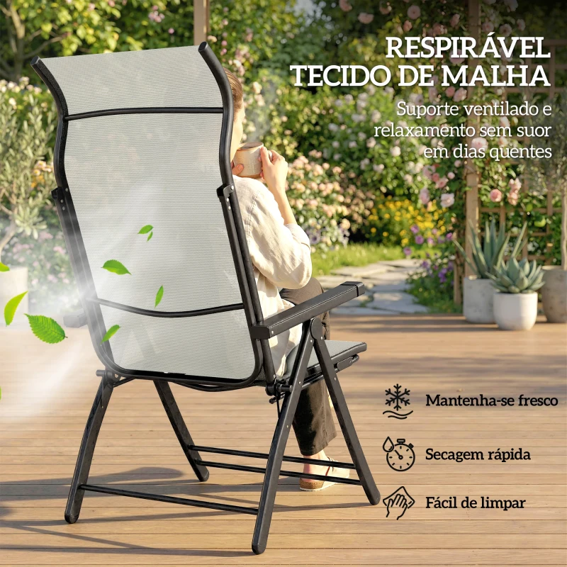 Outsunny Conjunto de 2 Cadeiras Dobráveis Reclináveis de Jardim Exterior com Encosto Alto Ajustável em 5 Posições Apoio para Pés Cinza Claro