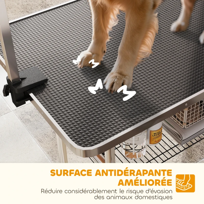PawHut Table de toilettage pour chien pliante potence H-forme inox réglable 2 sangles panier 107 x 60 x 164 cm noir