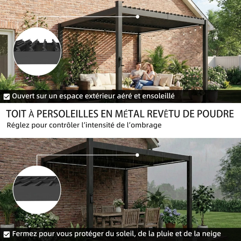 Outsunny Pergola bioclimatique 3x3m avec lumières LED solaires, pergola à lames orientables, gouttières, noir