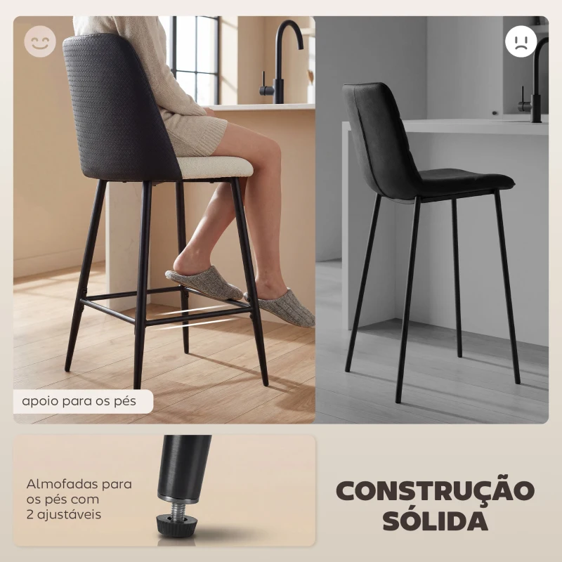 HOMCOM Conjunto de Bancos Altos de Cozinha com Encosto e Descanso para os Pés Revestidos em Linho e PU Estrutura de Aço Preto