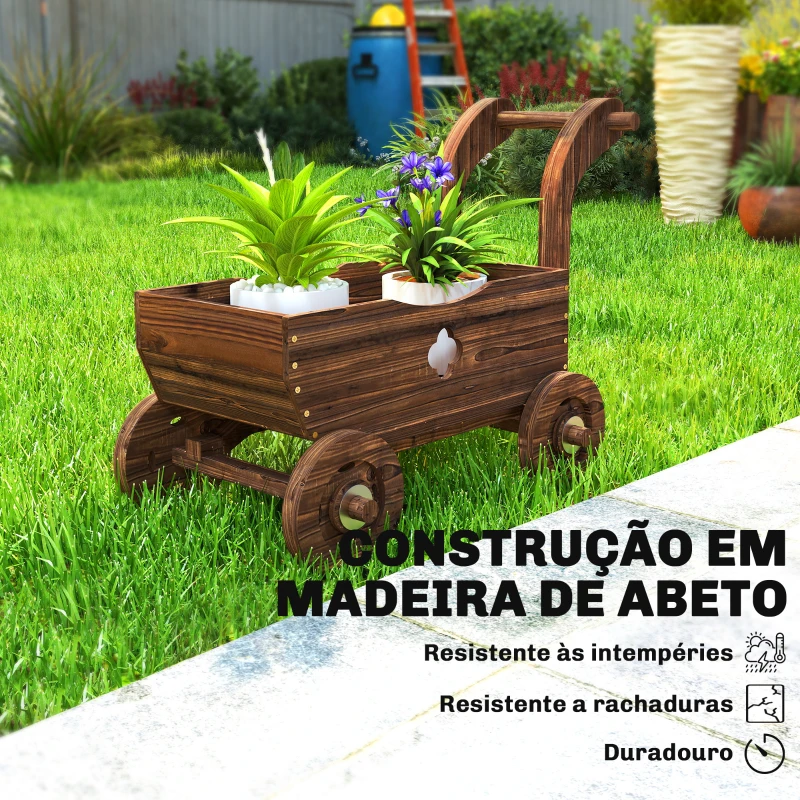 Outsunny Carrinho de Madeira Decorativo Vaso Elevado com 4 Rodas Pega Orifícios de Drenagem 68x38x52 cm Carbonizado