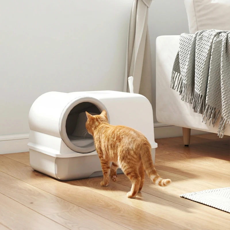 PawHut Bac à litière fermé XL en PP, maison de toilette pour grand chat, avec couvercle et pelle 59 x 39,5 x 39,5 cm gris clair