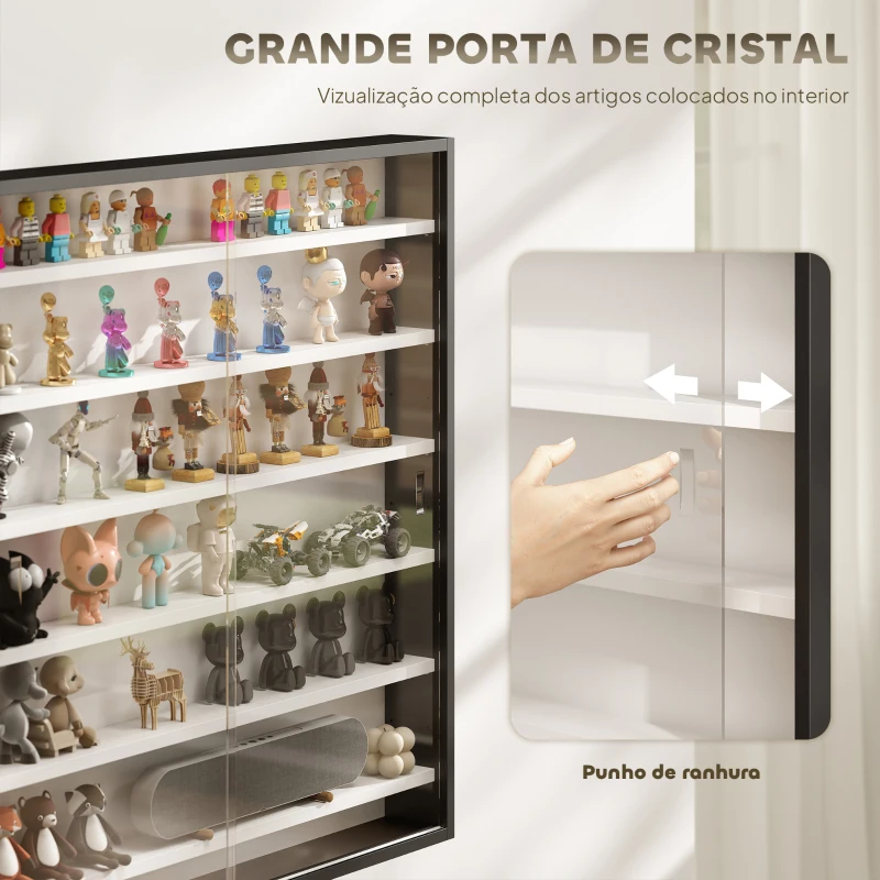 HOMCOM Vitrina de Parede em Madeira com Prateleiras Ajustáveis e 2 Portas Deslizantes de Vidro 80x9,5x83 cm Preto
