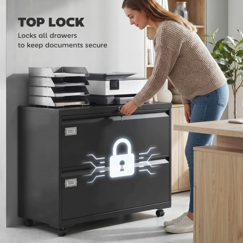 HOMCOM Szafka na dokumenty z 2 szufladami, zamykana, z regulowanym systemem zawieszek na teczki, 90 x 40 x 77,4 cm, czarna