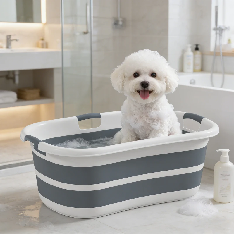 PawHut Baignoire pour Chien, Baignoire Pliable et Portable avec Trou de Drainage, pour Petits Chiens et Chiots, Gris
