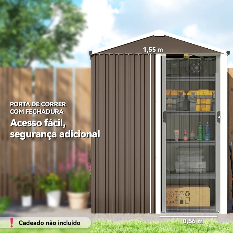 Outsunny Abrigo de Jardim Metálico 136x87x179 cm Abrigo para Ferramentas com Porta de Correr Teto Inclinado e Luvas Castanho