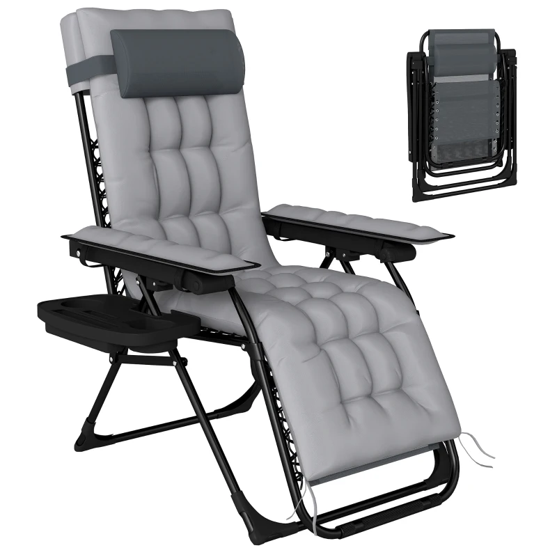 Outsunny Zero Gravity Chair, Folding Sun Lounger Reclining Garden Chair with Arm Pads, Cushion, Cup Holder, Headrest, Light Grey