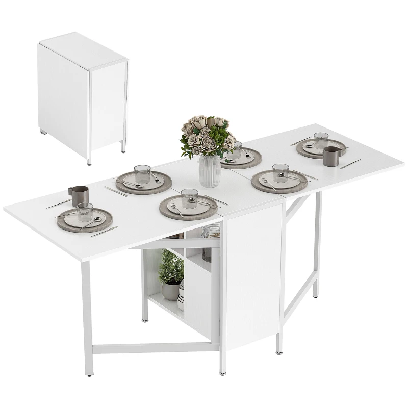 HOMCOM Mesa de Cozinha Dobrável com Arrumação Mesa de Refeição Compacta com 4 Prateleiras 169x60x75 cm Branco