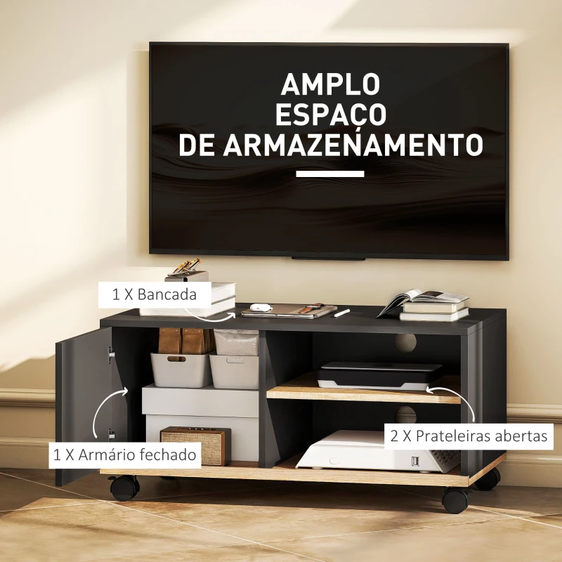 HOMCOM Móvel de TV com Rodas para Televisores até 42 Polegadas com 1 Porta 2 Compartimentos Abertos Prateleira 80x45x41 cm Preto
