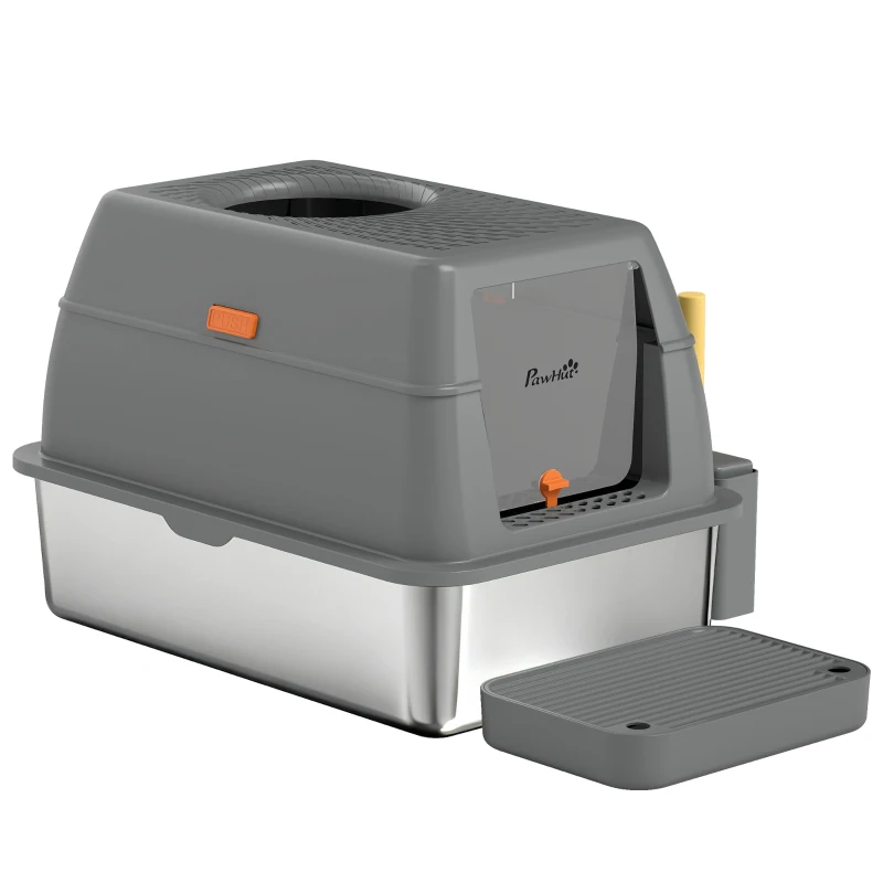 PawHut Bac à litière fermé maison de toilette pour chat acier inoxydable couvercle marche anti-dispersion 60x40x38cm gris foncé