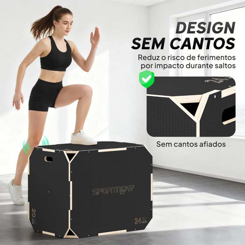 SPORTNOW Caixa Pliométrica de Madeira com 3 Alturas Diferentes para Treino de Salto Força em Casa Ginásio e Exterior 76x61x Preto