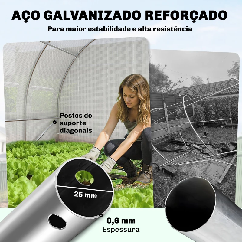 Outsunny Estufa de Túnel 6x3x2 m com Porta de Dobradiças,12 Janelas com Rede e Estrutura de Aço Galvanizado Branco