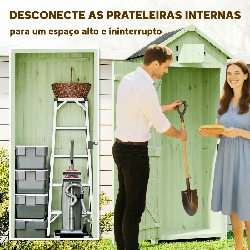 Outsunny Armário de Jardim de Madeira - Cobertizo de Arrumação com Prateleiras 77x54,2x179 cm Verde