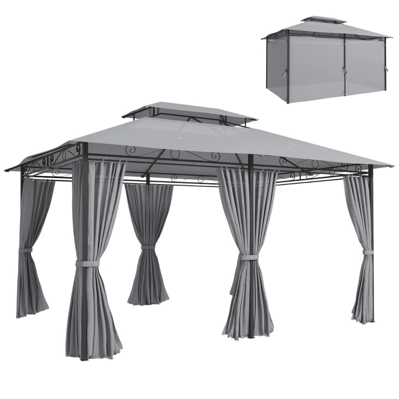 Outsunny Pérgola para Jardim 3x4 m Pérgola de Exterior com Telhado Duplo 6 Paredes Laterais Estrutura Metálica  Cinzento Escuro