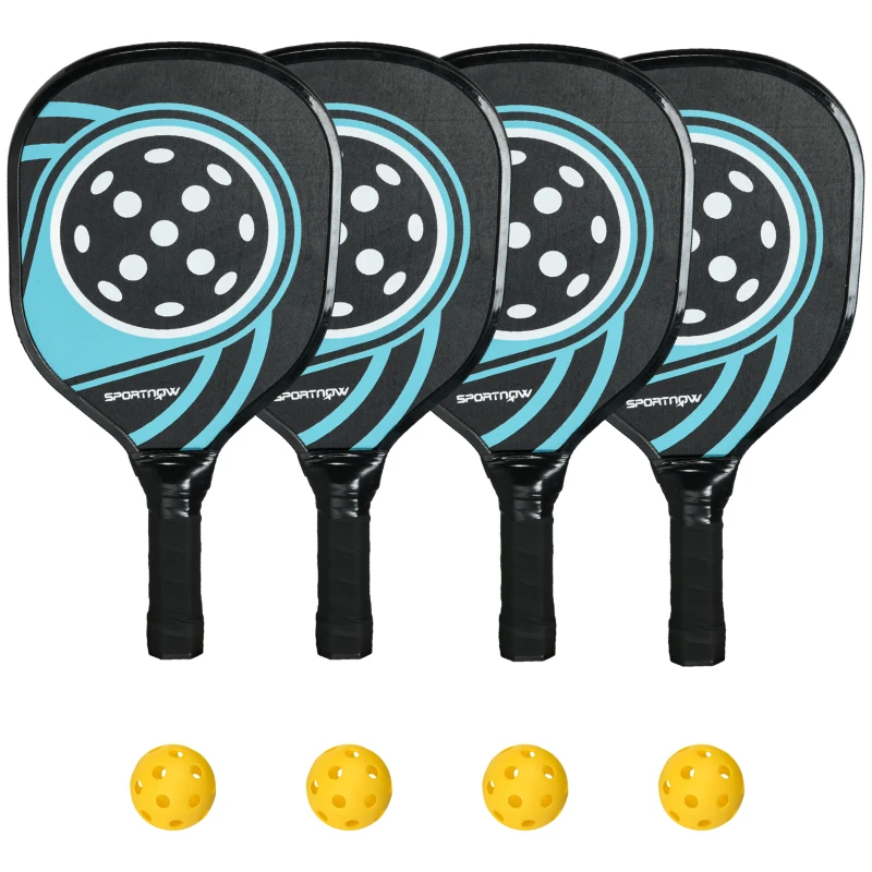 SPORTNOW Lot de 4 raquettes de pickleball ensemble de raquette de pickleball en bois de peuplier 4 balles et un sac bleu et noir