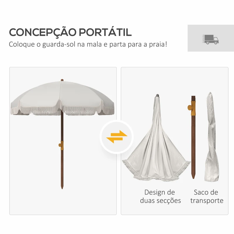 Outsunny Chapéu de Sol de Praia Ø190x210 cm com 8 Varas Abertura Manual Anti-UV Impermeável e Bolsa de Transporte para Jardim Creme